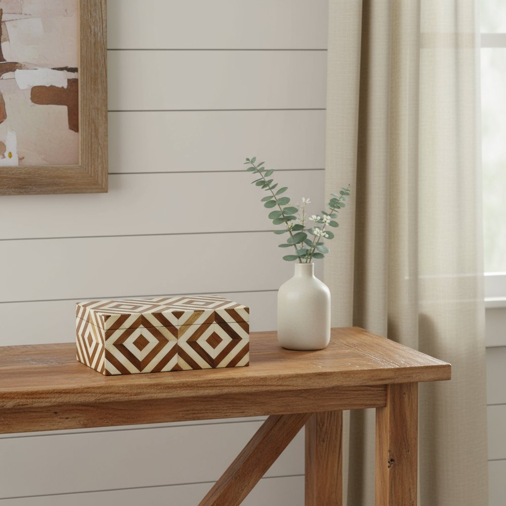 12" Brown And Ivory Bone Inlay And Solid Wood Box With Lid