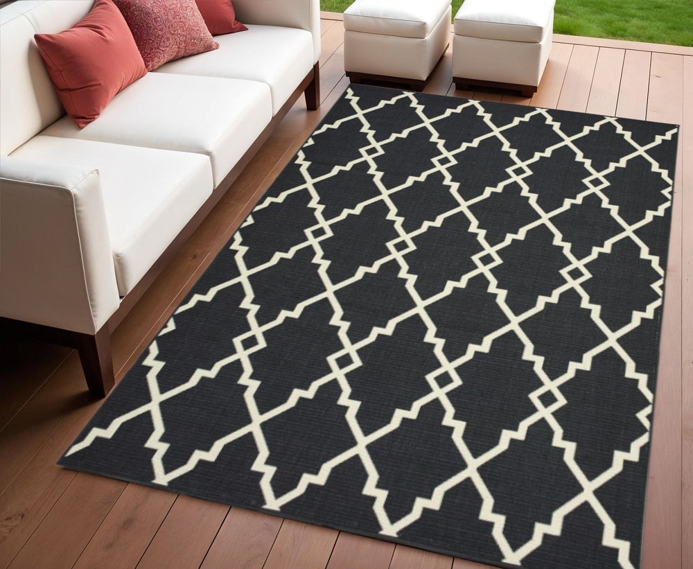 2' X 4' Black And Ivory Indoor Outdoor Area Rug