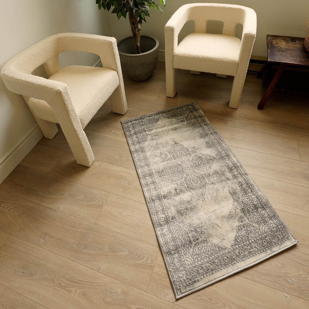 2' X 5' Gray Distressed Medallion Area Rug