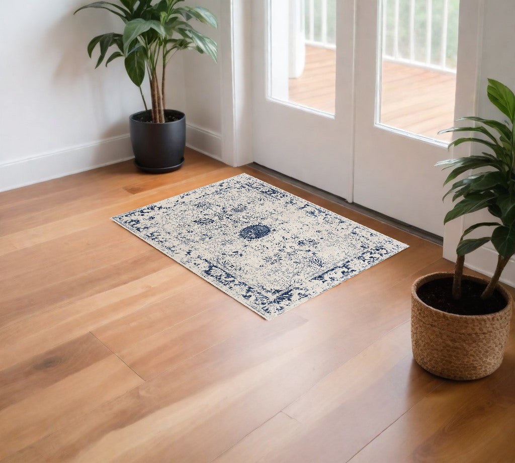 2' X 3' Navy Blue Distressed Floral Scatter Rug