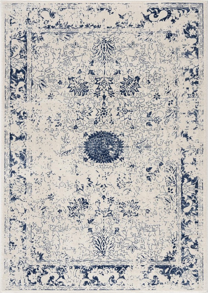 5' X 8' Navy Blue Distressed Floral Area Rug