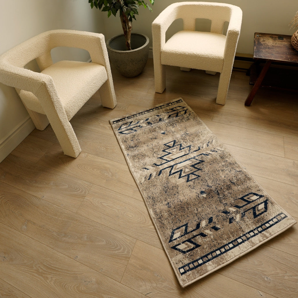 4' X 6' Beige And Blue Boho Chic Area Rug