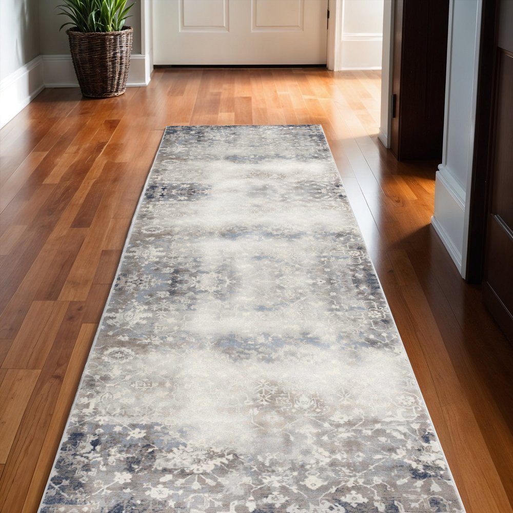 2' X 8' Navy And Beige Distressed Vines Runner Rug