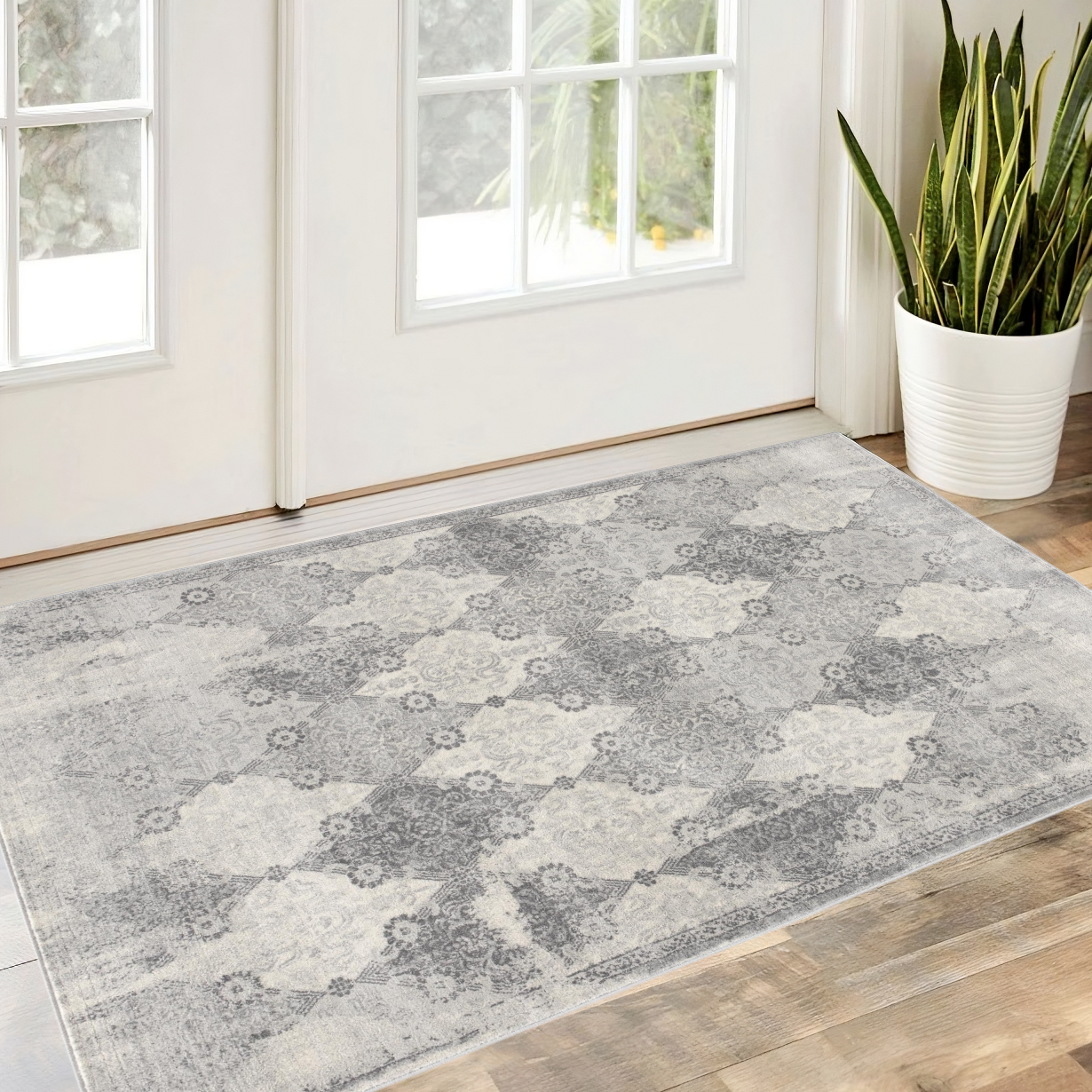 8' X 11' Gray Distressed Trellis Pattern Area Rug