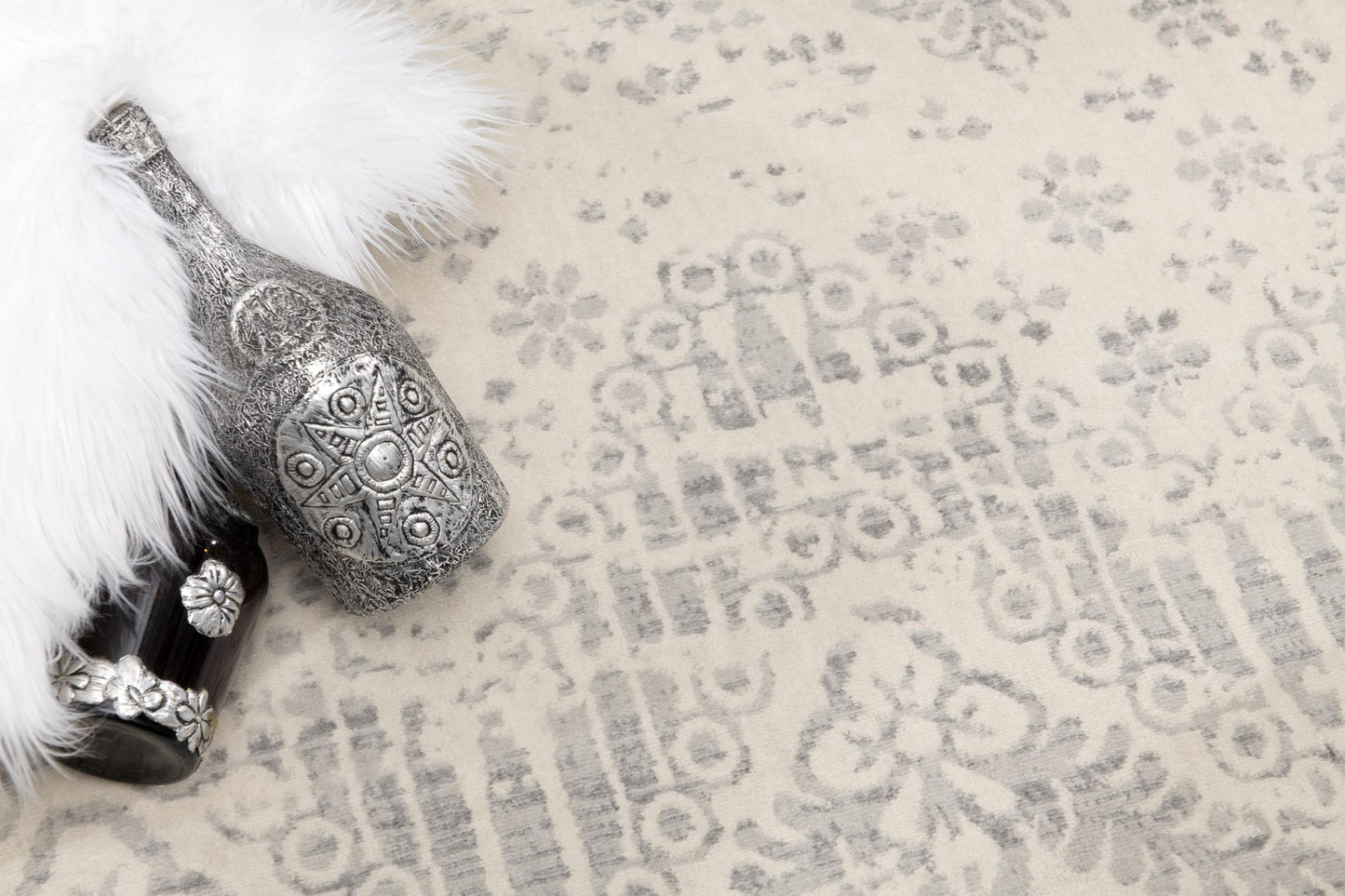 2' X 5' Ivory and Gray Ikat Power Loom Distressed Area Rug