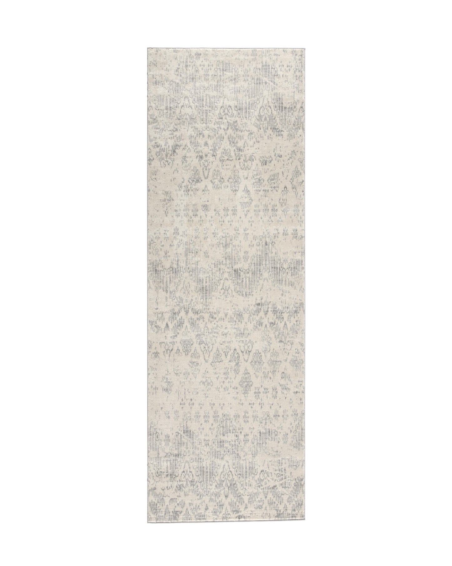 2' X 5' Ivory and Gray Ikat Power Loom Distressed Area Rug