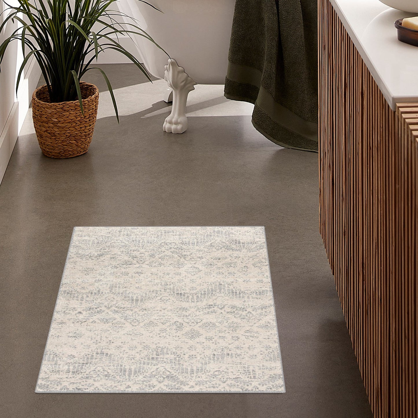 2' X 5' Ivory and Gray Ikat Power Loom Distressed Area Rug