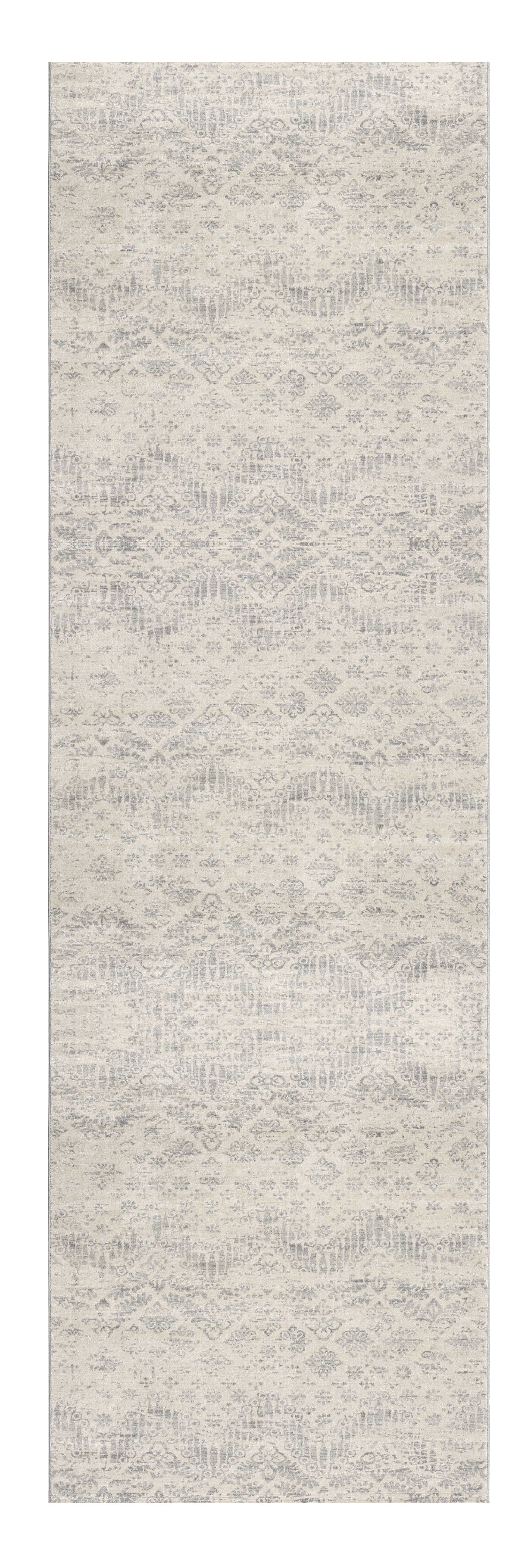 2' X 5' Ivory and Gray Ikat Power Loom Distressed Area Rug