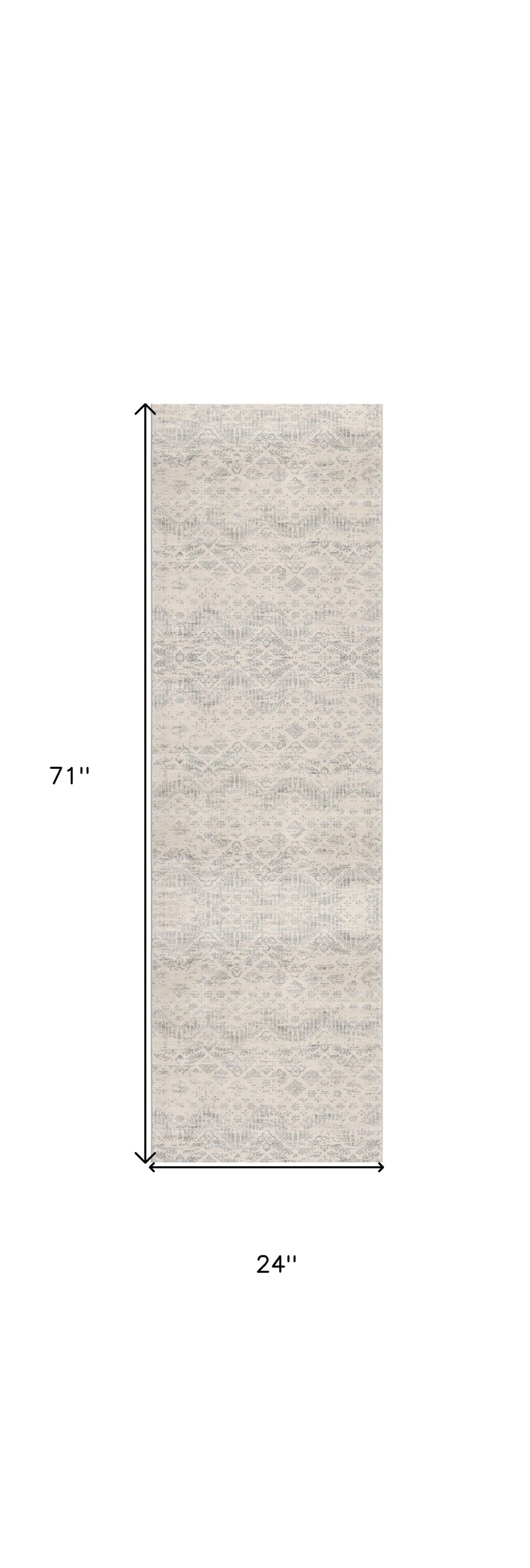 2' X 5' Ivory and Gray Ikat Power Loom Distressed Area Rug