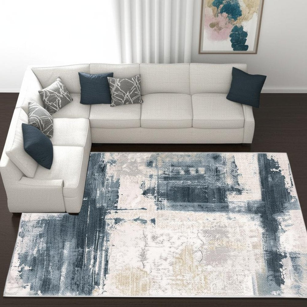5' X 7' Blue And Ivory Abstract Dhurrie Area Rug