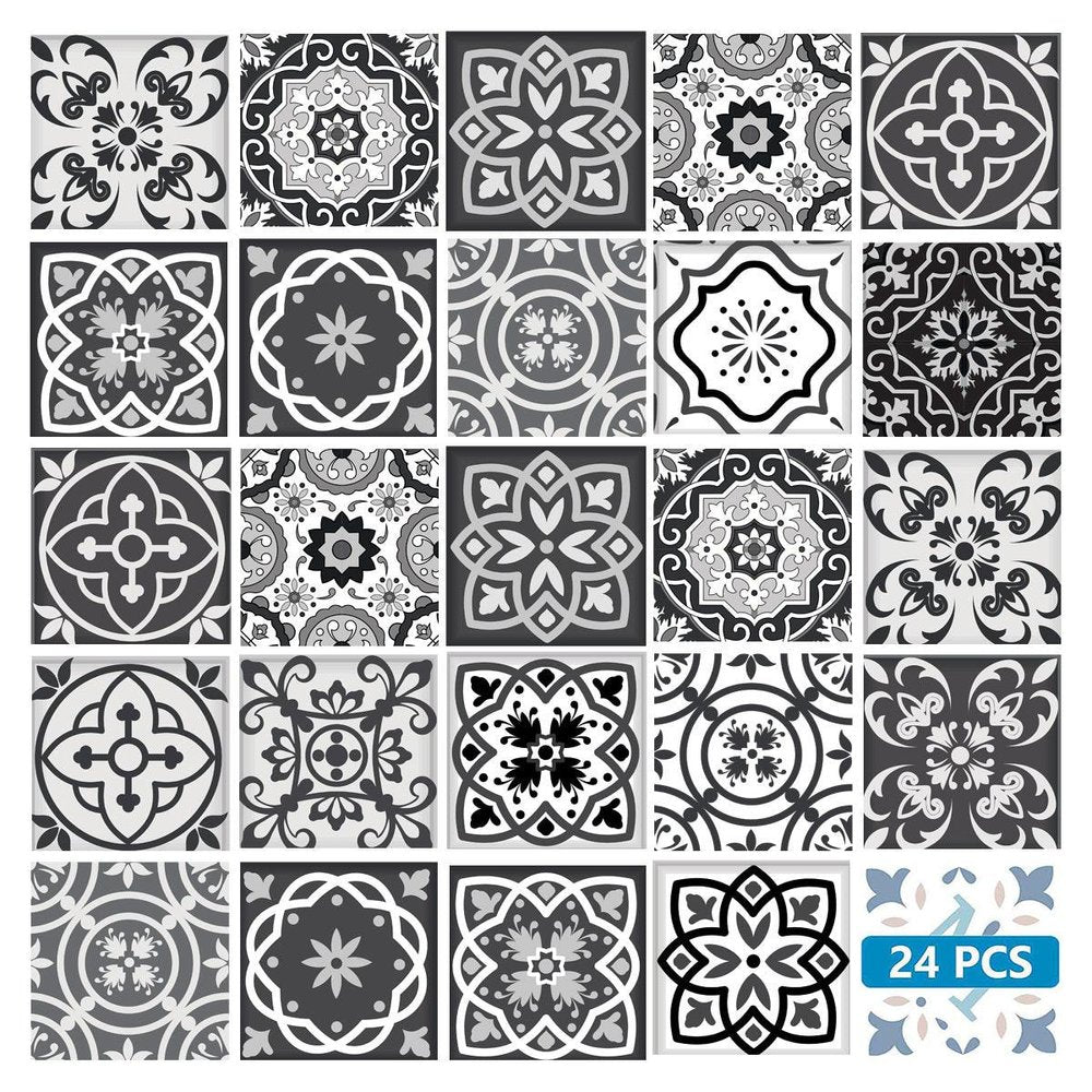7" x 7" Black Gray And White Vinyl Peel And Stick Removable Tiles