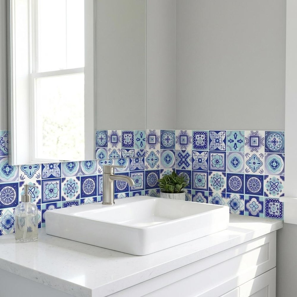 7" x 7" Blue And White Vinyl Peel And Stick Removable Tiles