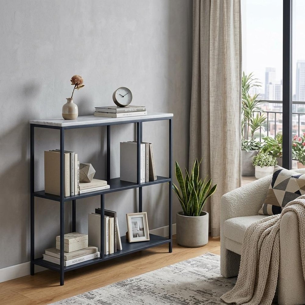 30" Black and White Iron Three Tier Geometric Bookcase