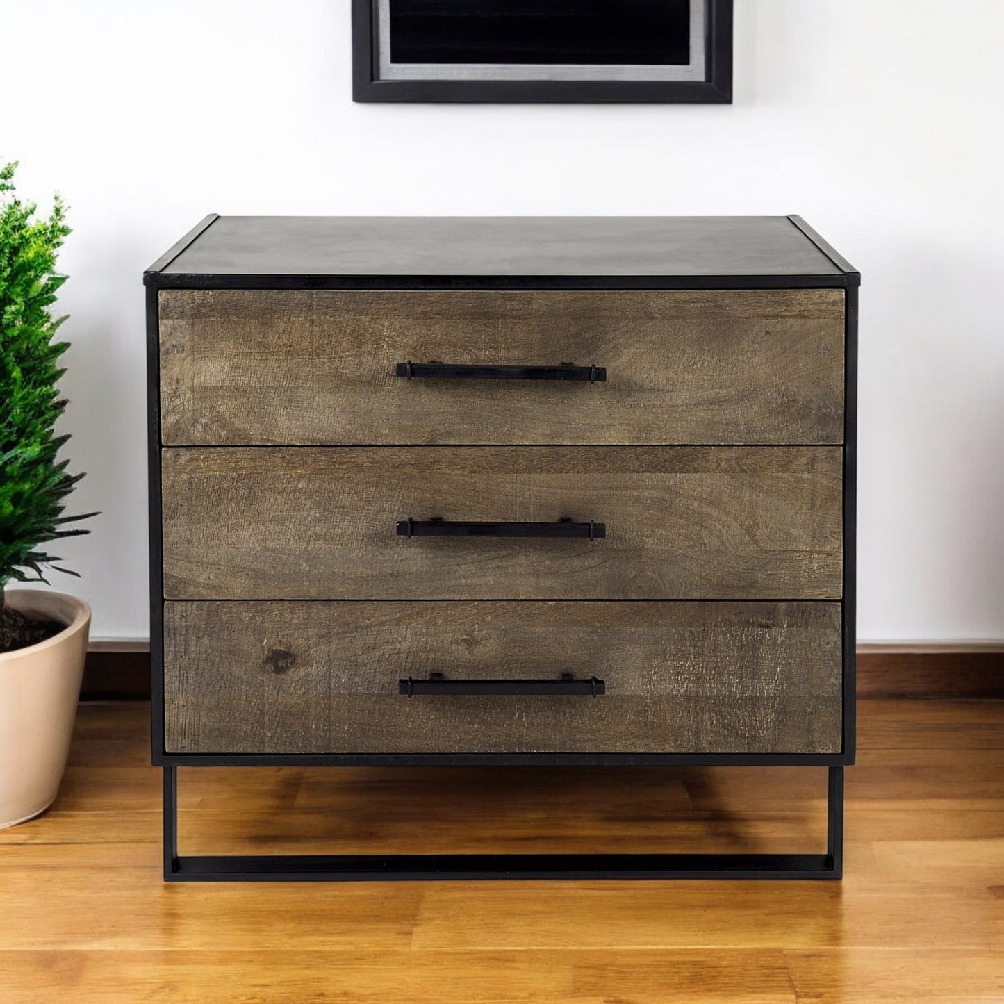 20" Brown and Black Distressed Accent Cabinet With Three Drawers