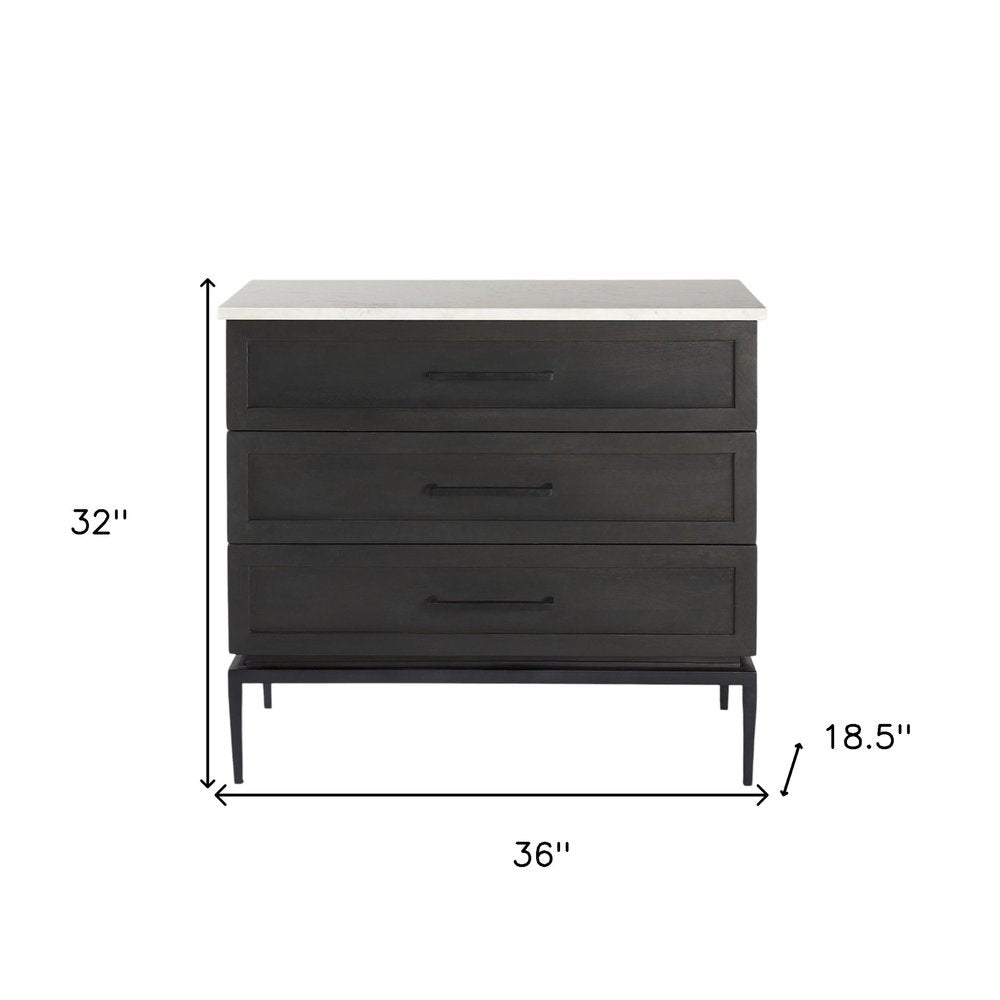 36" Black And White Solid Wood And Marble Three Drawer Dresser