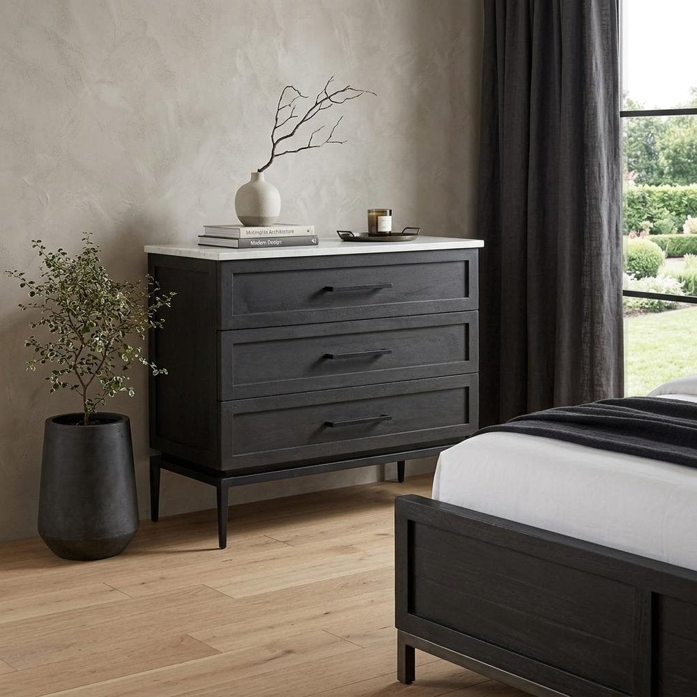 36" Black And White Solid Wood Three Drawer Dresser