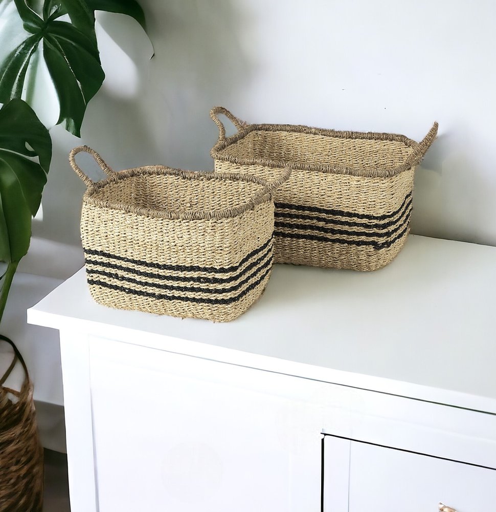 Set of Two Natural And Black Striped Seagrass Rattan Baskets