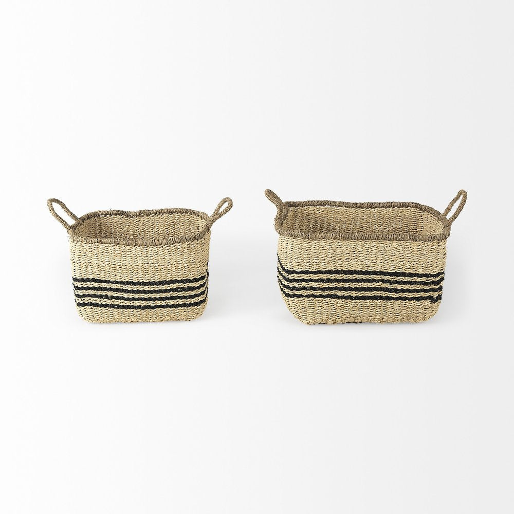 Set of Two Natural And Black Striped Seagrass Rattan Baskets