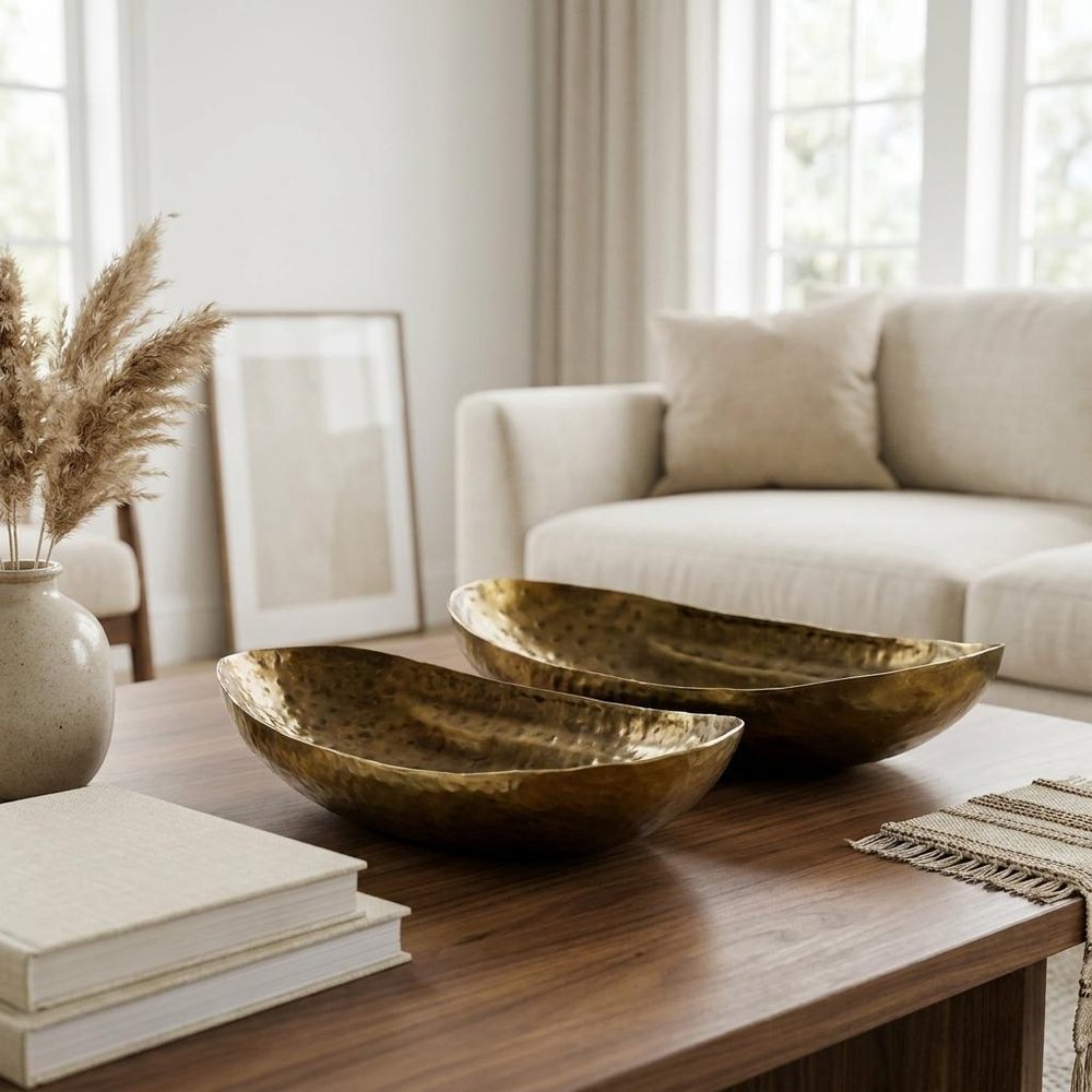 Set of Two Gold Hammered Metal Boat Shaped Decorative Bowls