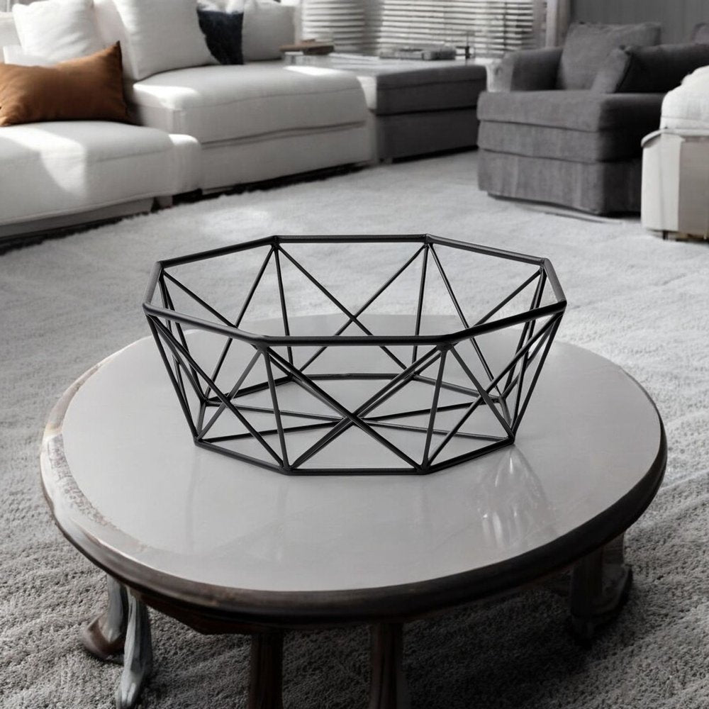 17" Black Metal Geometric Decorative Bowl