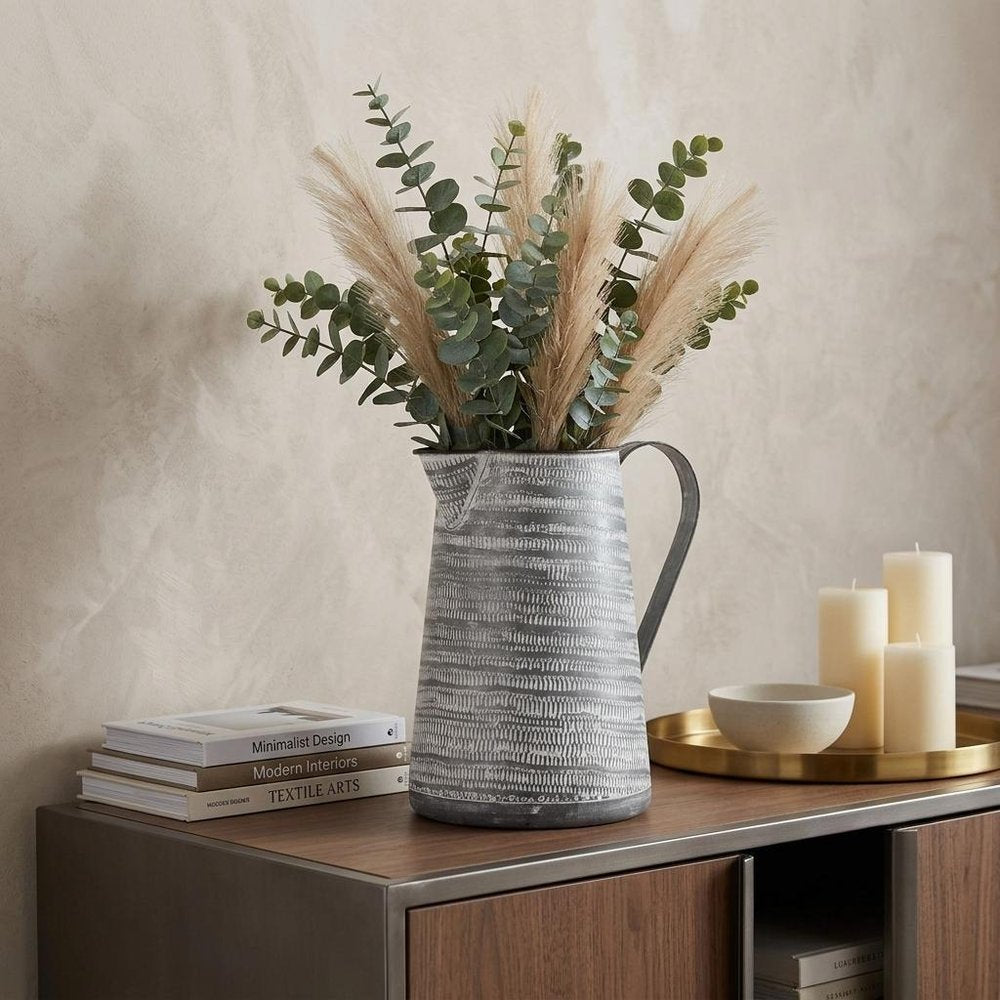 11" Gray and White Abstract Metal Jug Vase