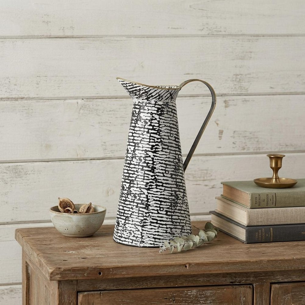 14" Black And White Abstract Cylinder Metal Jug Vase