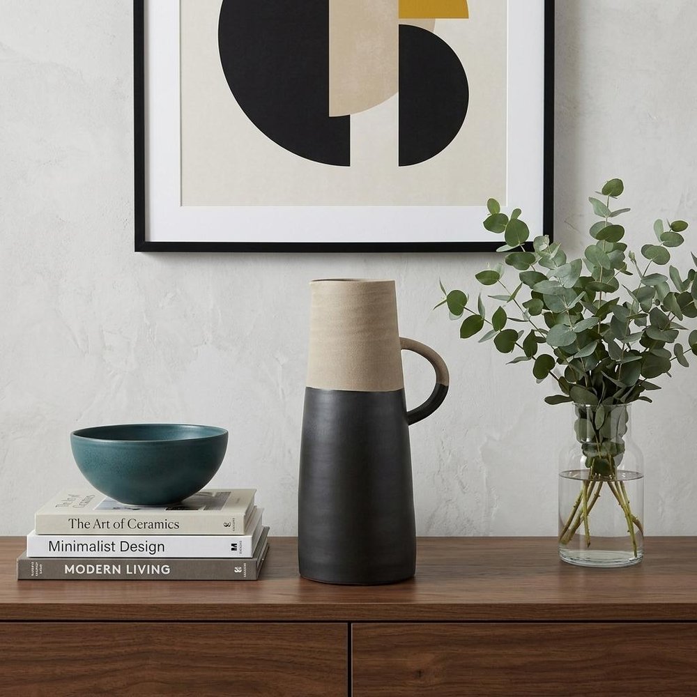 14" Black and Natural Ceramic Decorative Jug