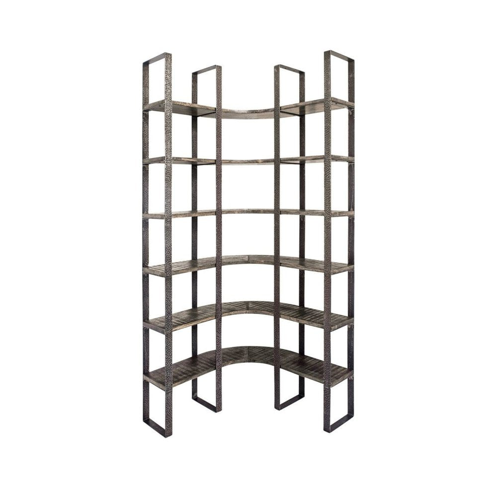 Brown Iron and Solid Wood Six Tier Bookcase