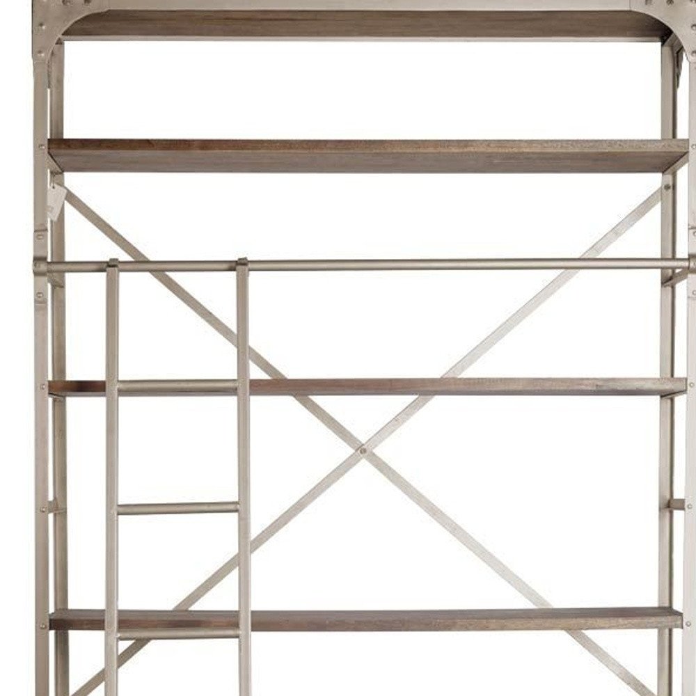 Brown Nickel and Solid Wood Six Tier Bookcase with Four Drawers