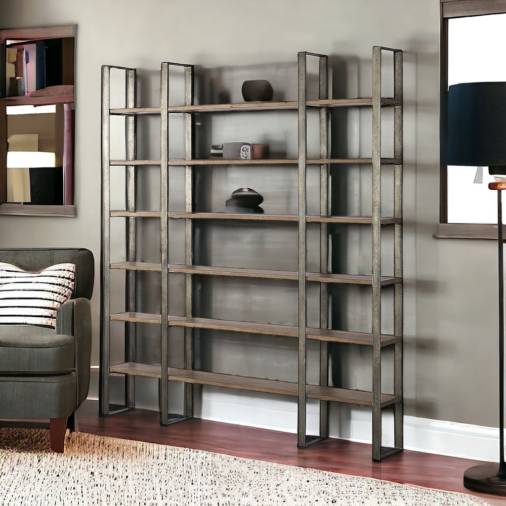 Brown Nickel and Solid Wood Six Tier Bookcase