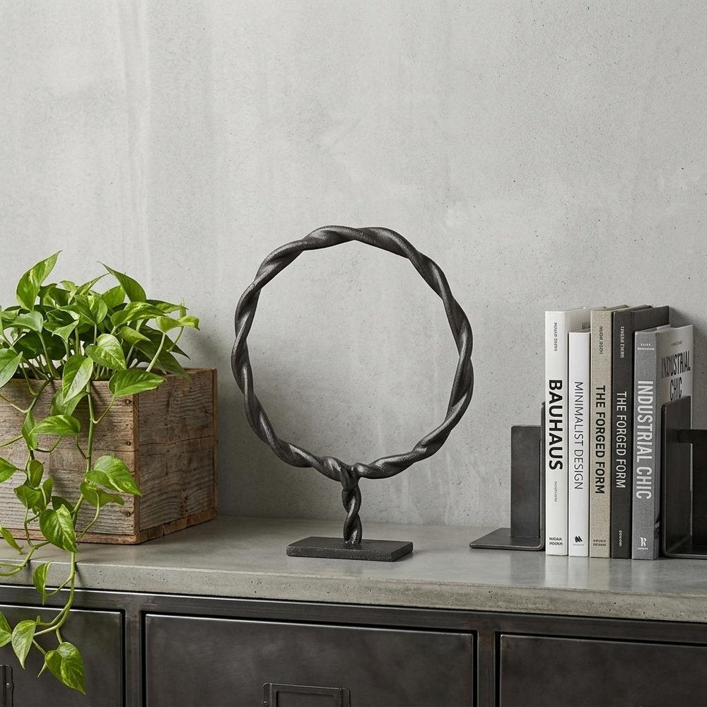 15" Black Metal Round Braided Tabletop Sculpture
