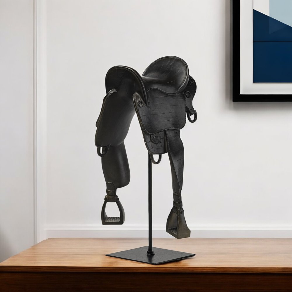 17" Black Metal And Resin English Horse Saddle Tabletop Sculpture