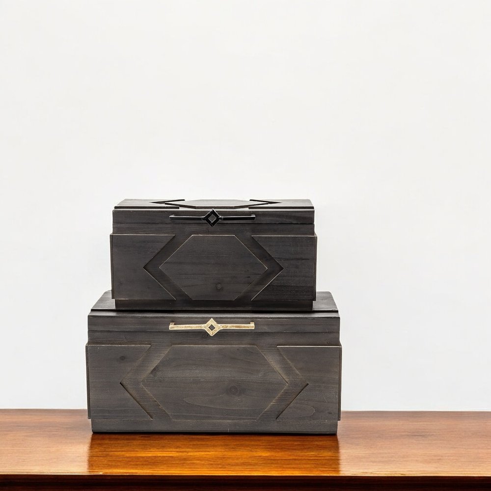Set of Two Modern Rustic Brown Solid Wood Boxes