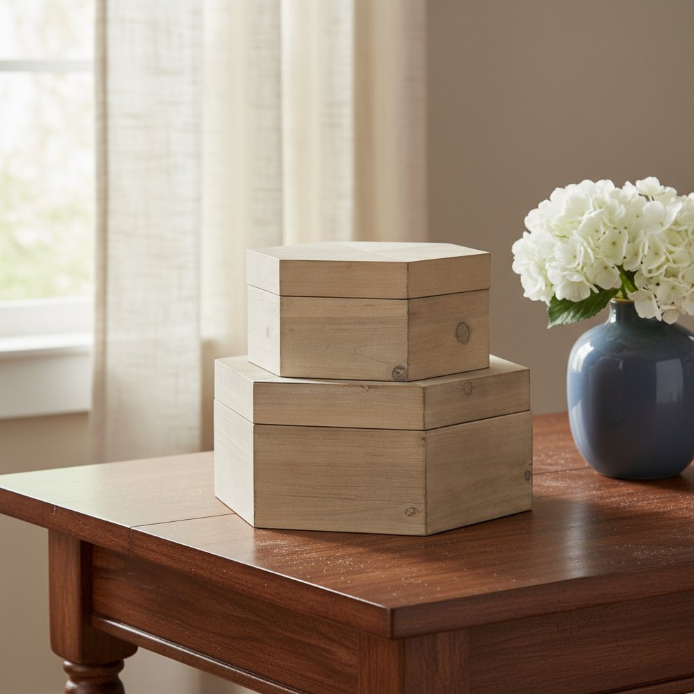 Set of Two Natural Solid Wood Box With Lid