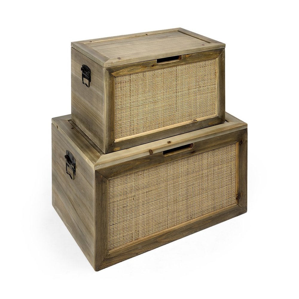 Set of Two Brown And Natural Cane And Solid Wood Box With Lid