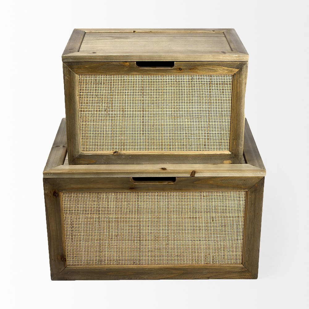 Set Of Two Brown and Natural Wood And Cane Storage Boxes