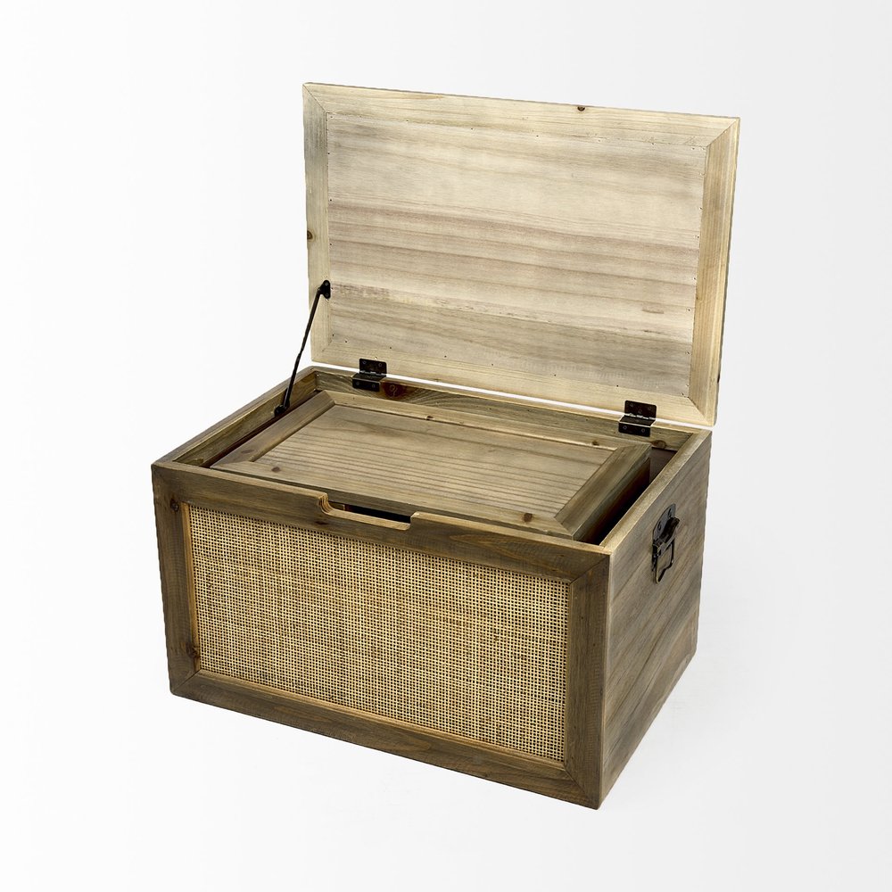 Set Of Two Brown and Natural Wood And Cane Storage Boxes