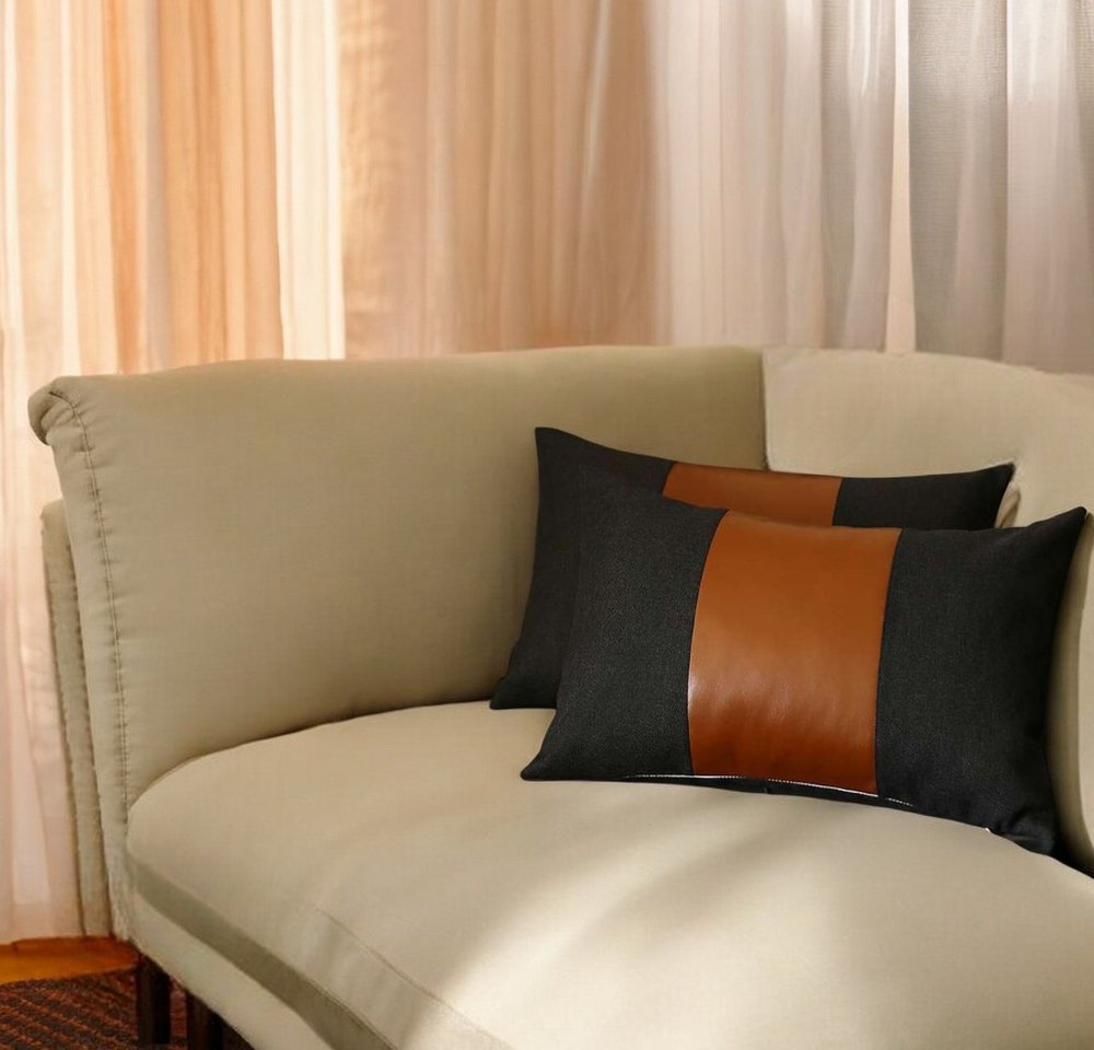 Set Of 2 Black Faux Leather Lumbar Pillow Covers