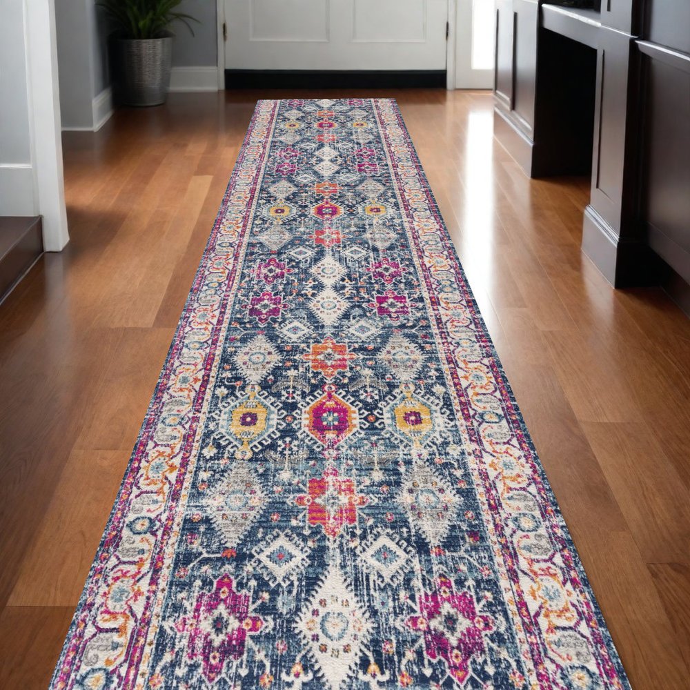 6' X 9' Blue and Ivory Oriental Area Rug