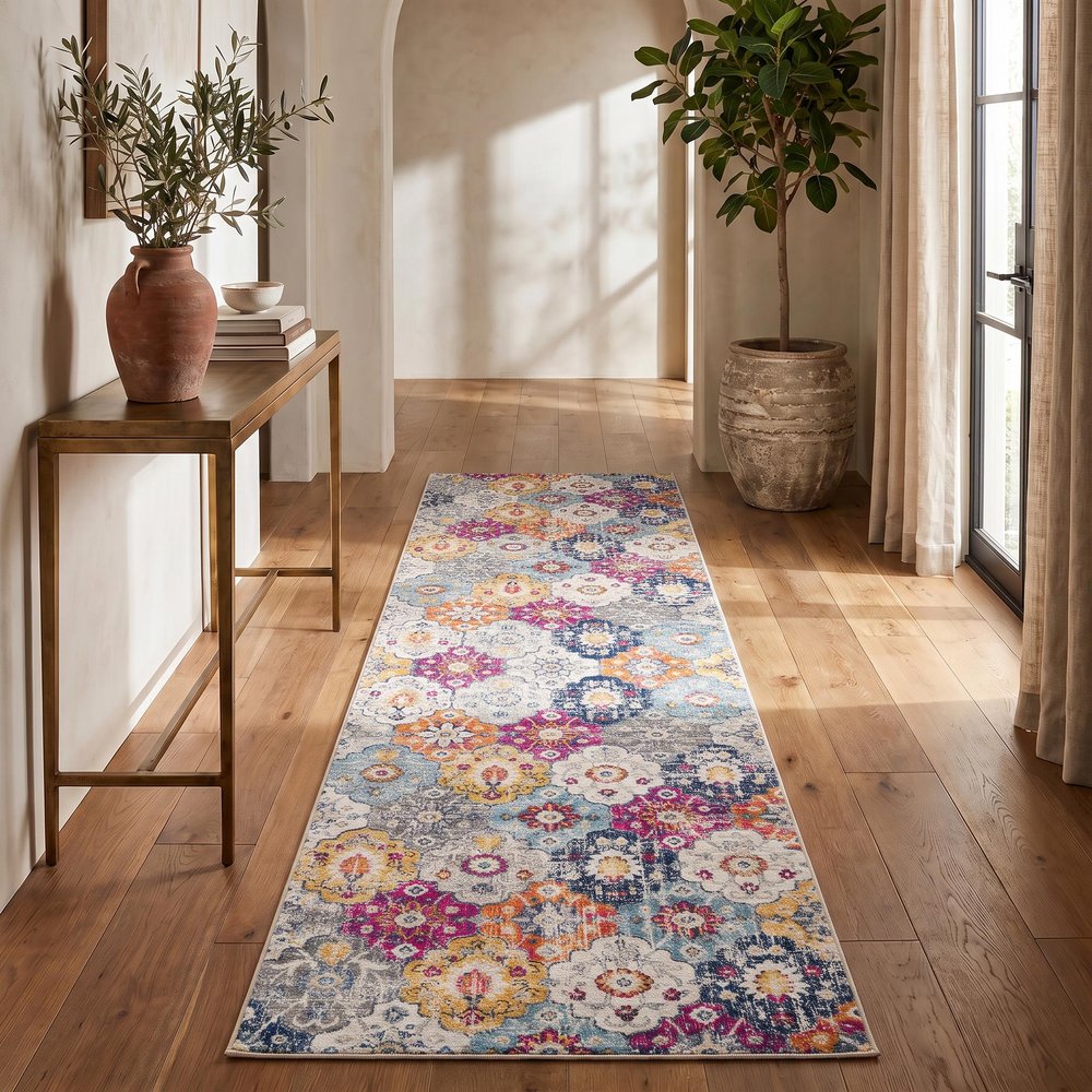 15' Blue And Ivory Floral Runner Rug