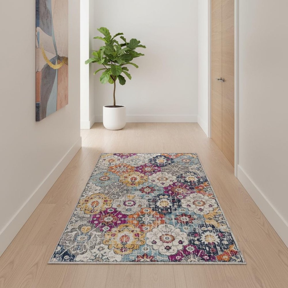 13' Blue And Ivory Floral Runner Rug