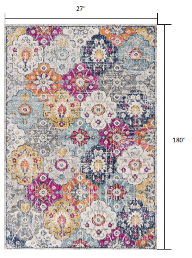 10' Blue And Ivory Floral Runner Rug
