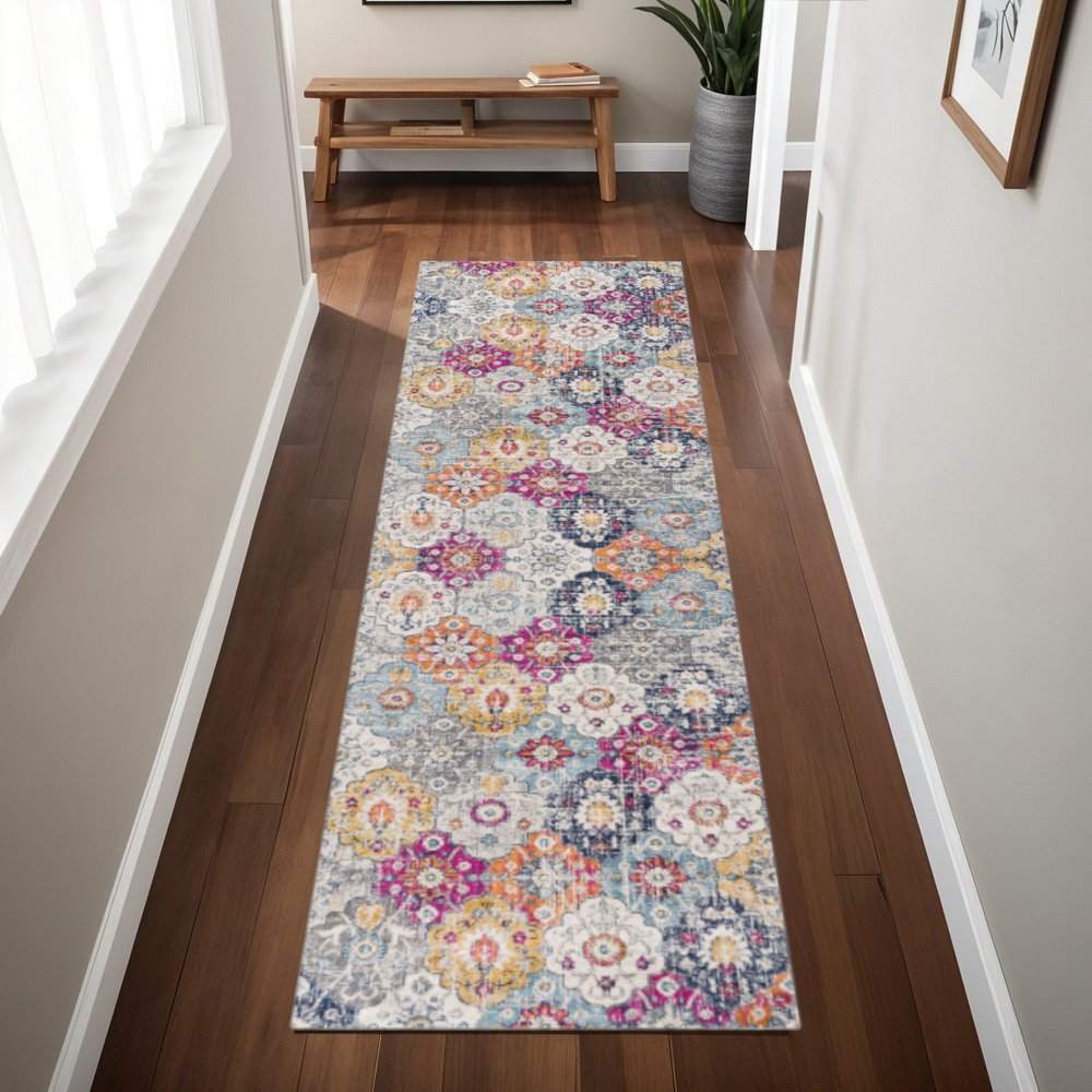 10' Blue And Ivory Floral Runner Rug