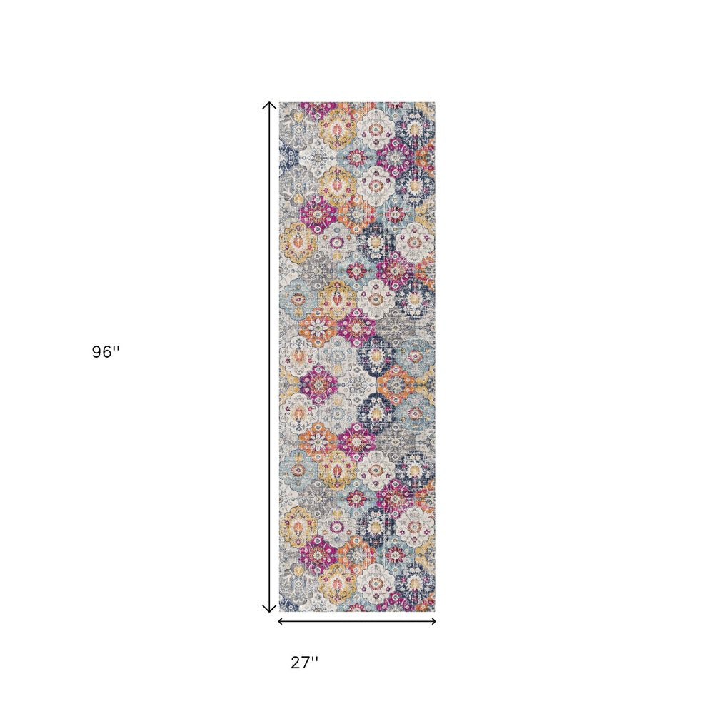 10' Blue And Ivory Floral Runner Rug