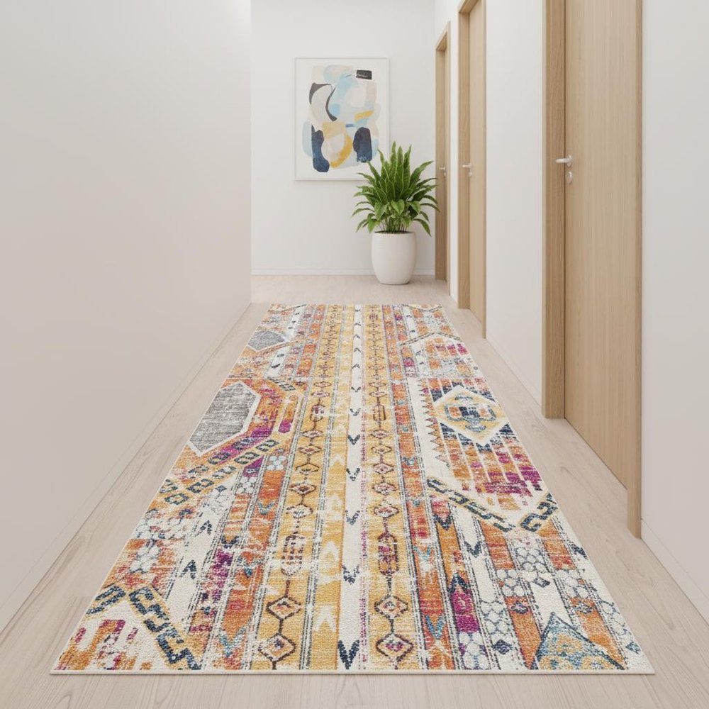 10' Gold And Ivory Southwestern Runner Rug