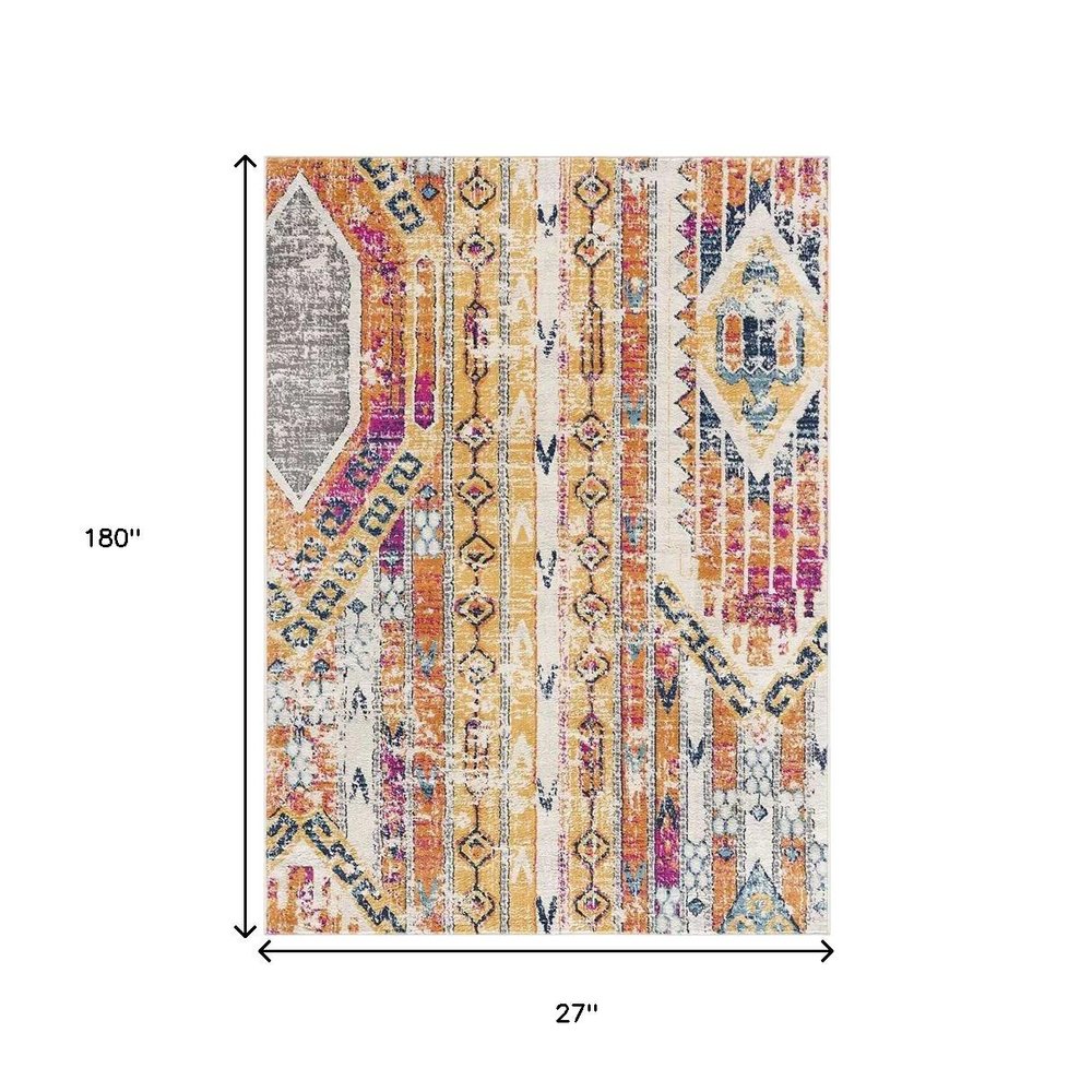 10' Gold And Ivory Southwestern Runner Rug