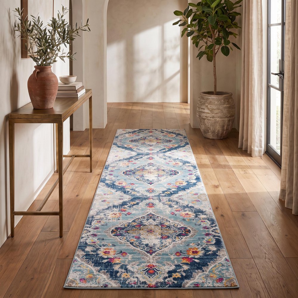 10' Blue And Ivory Medallion Runner Rug