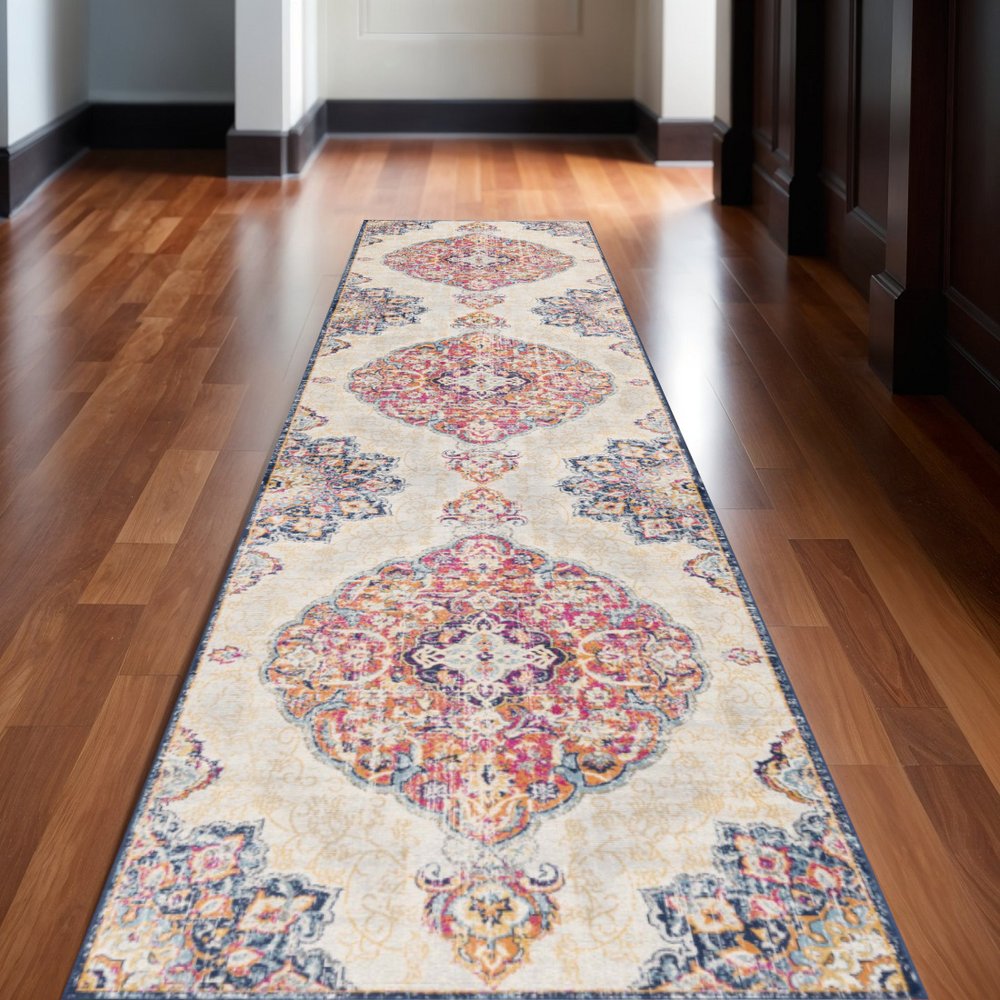 10' Blue And Beige Medallion Runner Rug