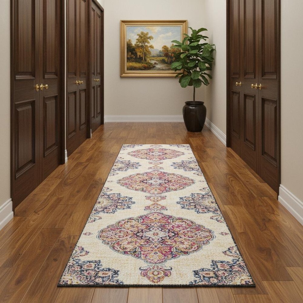 10' Blue And Beige Medallion Runner Rug