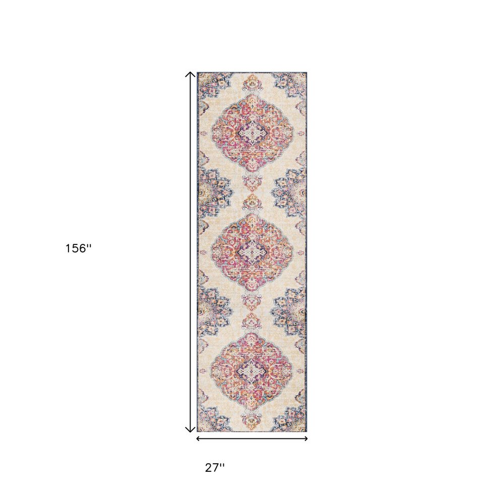 10' Blue And Beige Medallion Runner Rug